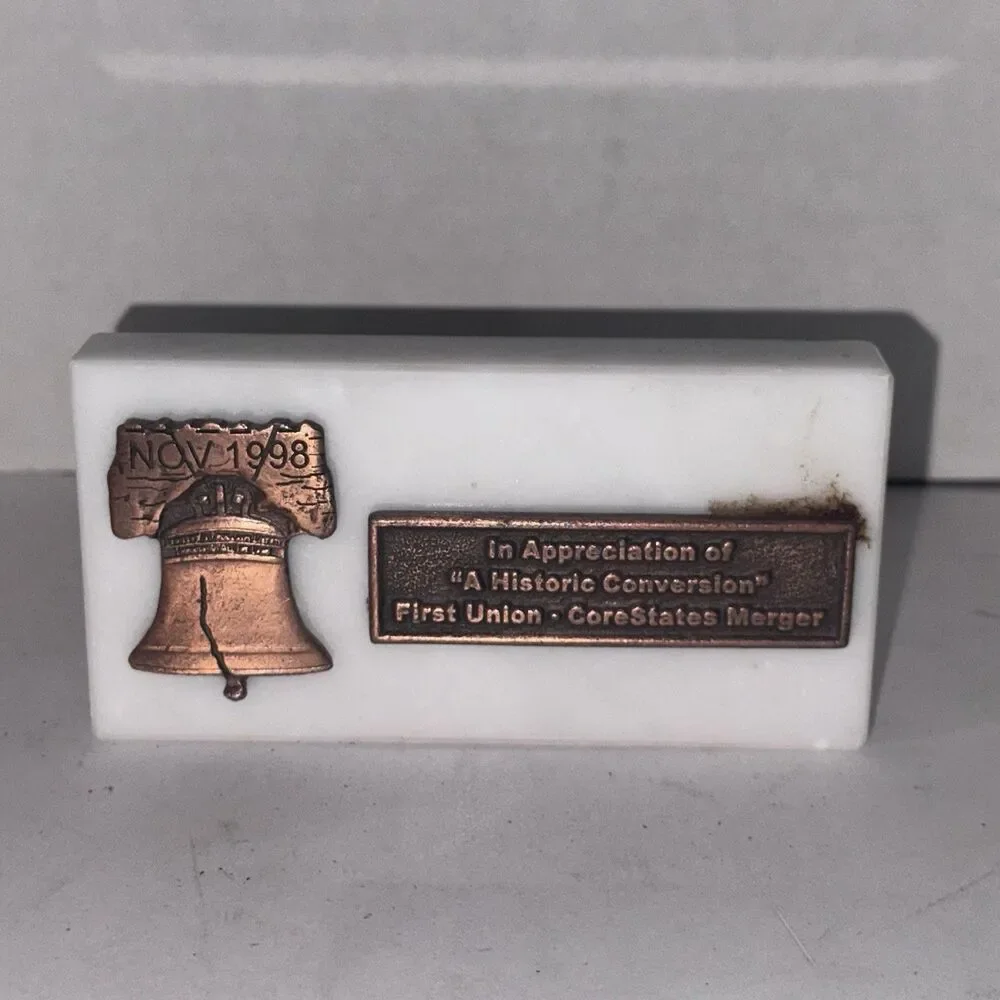 Vintage 1998 First Union CoreStates Merger Marble Liberty Bell Paperweight